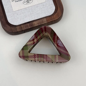 Elegant red and green plaid triangle hair claw clip with golden metal spring