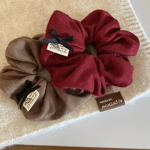French style knitted bow scrunchies in wine red and coffee brown with handmade labels