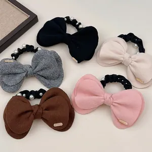 Chouchou Élégant en Laine avec Nœud Papillon pour Femme Décoration de Künstliche Perles Élastique Cheveux de Style Coréen Mode