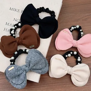 Lot de 5 chouchous en laine à nœuds élégants avec perles blanches en noir, rose et beige