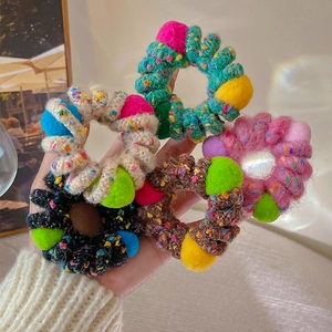 Colorful Knitted Spiral Hair Tie With Plush Ball High Elasticity Telephone Wire Hair Band For Women Girls Winter Hair Accessories