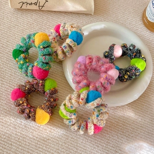 Colorful plush ball telephone wire hair ties with vibrant woven elastic bands for women
