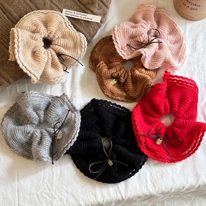 Vintage Knitted Scrunchie With Bow Knot Metal Pendant Autumn Winter Hair Tie For Women Girls Thick Hair Accessories