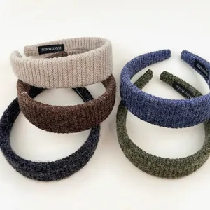 Set of five vintage knitted striped headbands in beige brown gray blue and green colors