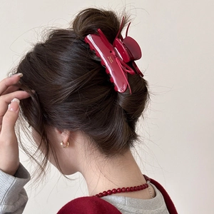 Elegant dark red glossy ribbon bow hair claw clip with gold lettering for women