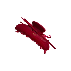 Elegant deep red acetate ribbon hair claw with gold logo and bow for bun hairstyles