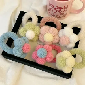 Chouchous en Peluche Forme Fleur Doux Mignon Couleur Contrastée Élastiques à Cheveux pour Femmes Filles Accessoires Cheveux
