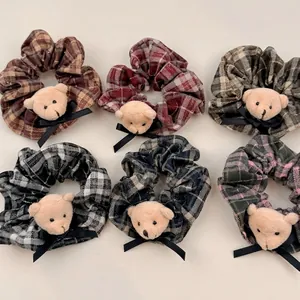 Elastico per Capelli in Tessuto a Quadri Stile Coreano Con Testa di Orso di Peluche e Fiocco Dolce Estetica Fascia per Capelli per Donna