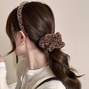 Chic leopard print plush headband and matching scrunchie set for autumn winter style