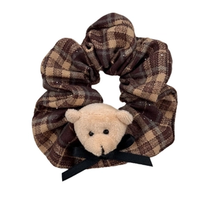 Elastico per capelli a quadri marroni con orsetto di peluche e fiocco di nastro nero