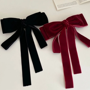 French Vintage Velvet Bow Hair Clip For Women Elegant Long Ribbon Streamer Spring Clip Ponytail Holder Hair Accessories