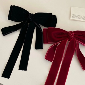 French velvet bow hair clips with long streamers in black and wine red colors