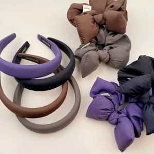 Korean Style Padded Bow Scrunchie And Wide Headband Fabric Pleated Hair Ties Handmade Ponytail Holder Hair Accessories For Women
