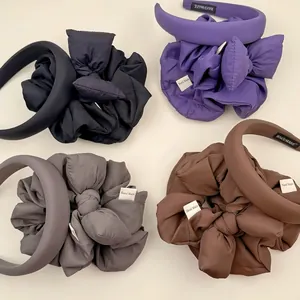 Four-color set of puffy bow headbands and matching pleated oversized hair scrunchies
