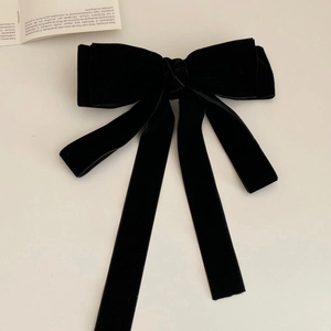 French velvet bow hair clip with long streamers in black for women elegant hair style