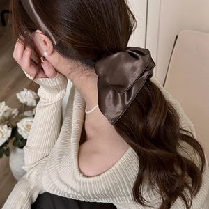 Élastique à cheveux en satin marron avec nœud élégant et serre-tête effet soyeux