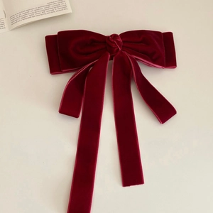 French style deep burgundy velvet bow hair clip with long ribbons for elegant ponytail