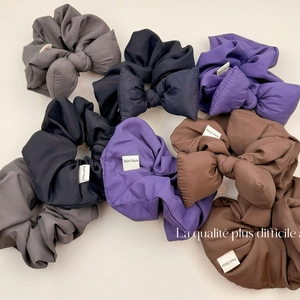 Chic padded bow scrunchies set in matte fabric with handmade labels for women