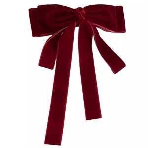 Elegant wine red velvet bow hair clip with long ribbons for back of head styling
