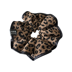 Brown leopard print large scrunchie with 1990 made in korea label for ponytail
