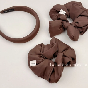 Three-piece dark brown hair accessory set with handmade bow scrunchies and headband