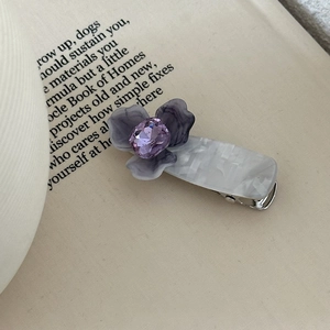 Dettaglio del fermaglio per capelli a iris con cristallo viola su pagina di libro