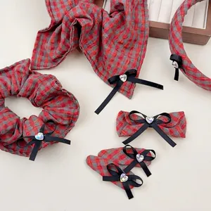 Pince à Cheveux Nœud Écossais Serre-tête Strass Cœur Chouchou Rouge Gris Carreaux Accessoires Cheveux Femme Rétro