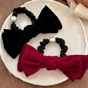 Set di elastici per capelli in velluto con fiocco e perla nera e rosso vino