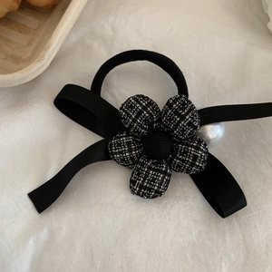 French Vintage Tweed Flower Ribbon Bow Scrunchie With Faux Artificial Pearl Elegant Houndstooth Hair Tie For Women Girls Hair Accessory