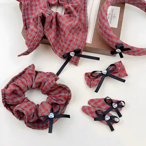 Lot de 6 accessoires cheveux à carreaux rouges et gris avec nœuds en strass et serre-tête