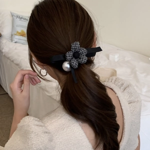 French vintage tweed flower hair scrunchie with black ribbon bow and white pearl detail