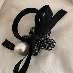 French vintage tweed flower hair tie with white pearl and black silk ribbon ornament