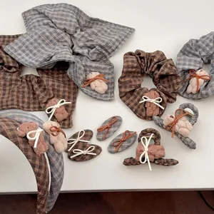 Vintage Preppy Plaid Bear Hair Accessories Scrunchie Headband Hair Clip Bow Plush Doll Hairpin For Women Girls Jewelry