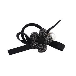 French vintage wool flower hair scrunchie with black ribbon and white pearl detail