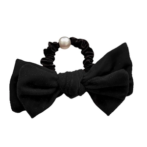 Elegante elastico per capelli in velluto nero con fiocco e perla bianca per acconciature