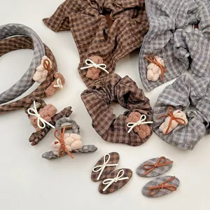 British style plaid hair accessories set with cute plush bear charms and ribbon bows