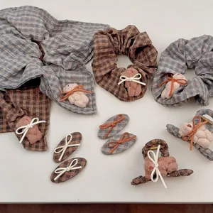 Plaid bear plush hair tie and clip set with bow decoration in Japanese style