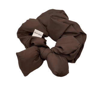 Handmade brown puffy bubble fabric scrunchie with large bow for ponytail styling