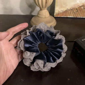 Velvet lace scrunchie in deep blue and grey with floral embroidery for elegant hair styling