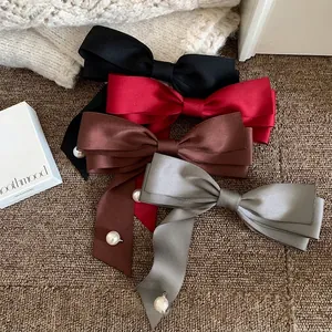 Barrette à Cheveux Nœud Papillon en Satin Style Vintage Français Avec Long Ruban Et Pendentif Künstliche Perle Élégante Pince Femme