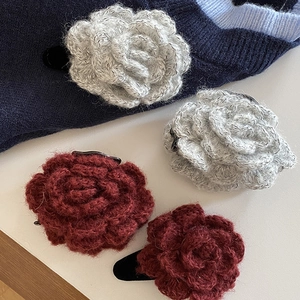 Handmade knitted rose flower hair clips set in silver grey and dark red yarn