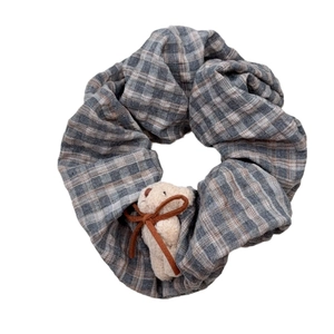 Plaid scrunchie hair tie with cream teddy bear charm and brown bow accessory
