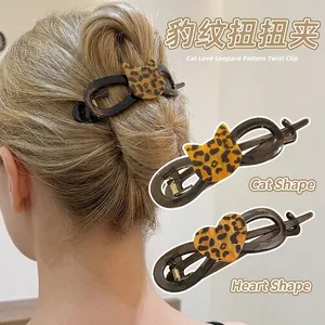 Women Leopard Print Hair Clip Cool Sweet Acrylic Heart Cat Shape Hair Claw Stylish Bun Fixing Hair Accessory