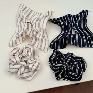 French Retro Stripe Satin Scrunchie Large Hair Ring Elegant Artificial Pearl Pendant Hair Tie Scarf For Women Daily Hair Accessories