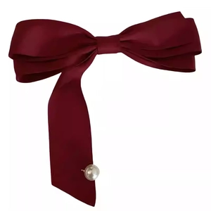 Barrette à cheveux nœud en satin rouge vin avec perle élégante de style rétro français