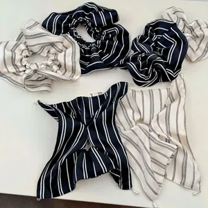 French vintage black and white striped scrunchie set with pearl pendant and satin finish