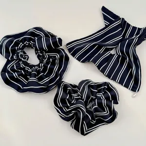 French vintage navy blue striped scrunchies and hair scarf with elegant pearl charms