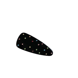 Elegant black teardrop hair clip with colorful mini rhinestones and glossy finish