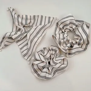 French vintage striped satin scrunchie set with oversized hair scarf and pearl charms