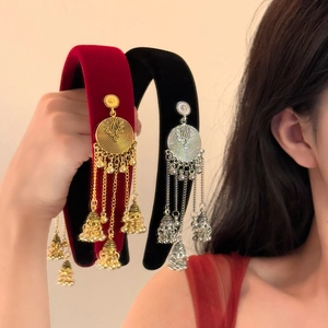Ethnic Style Velvet Padded Headband For Women Retro Metal Tassels Bells High Cranial Top Handmade Hair Band Boho Hair Accessories